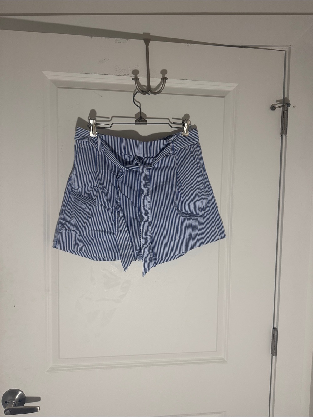 J. Crew Blue and White Pinstripe Tie-Waist Bermuda Shorts